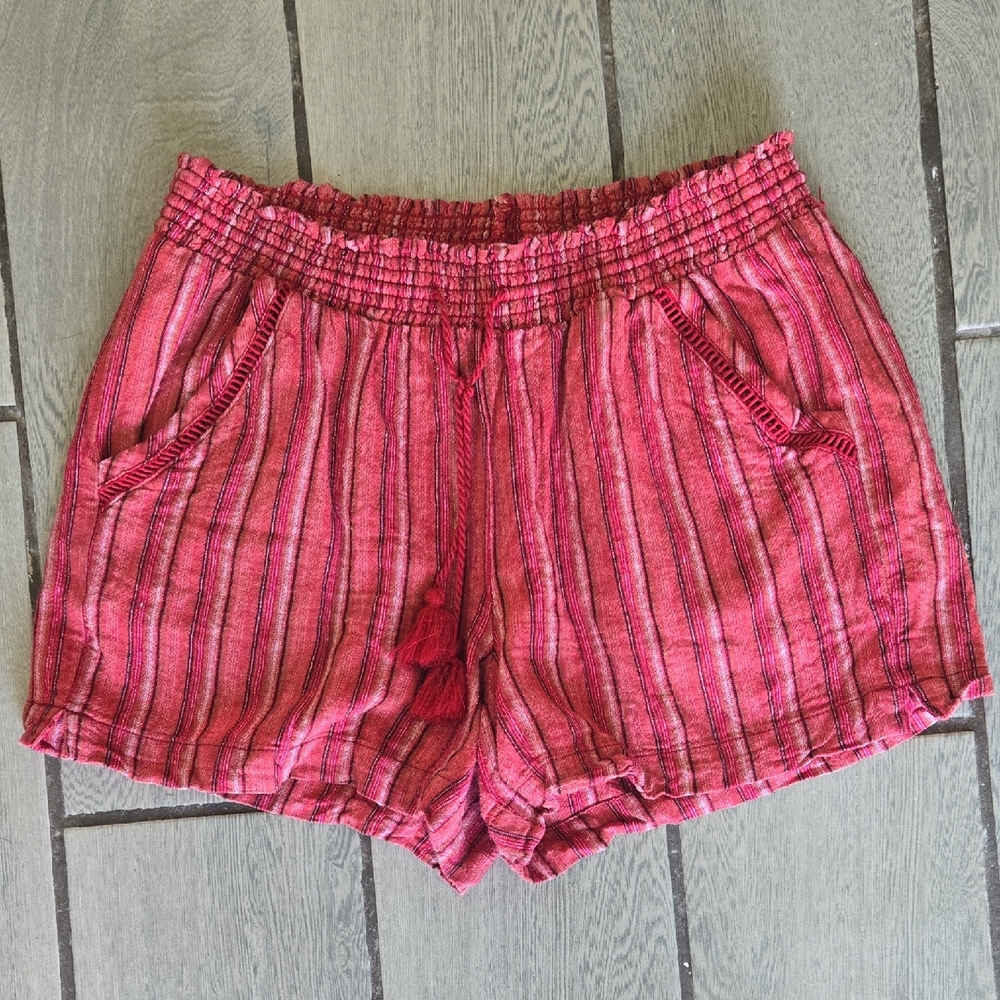 Briggs Womens Red Pink Striped Smocked Waist Tassel Drawstring Shorts Size Large
